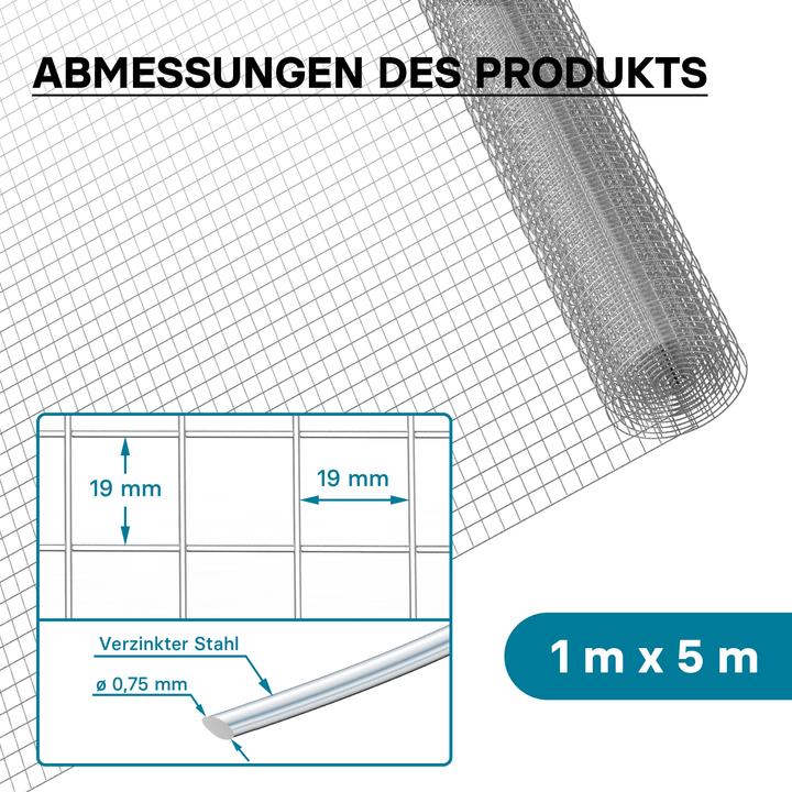 Produktbild Wiltec Maschendrahtzaun 1x5m 100cm 0,75mm 19x19mm Drahtgitter Stahl verzinkt