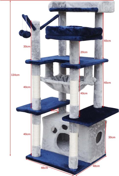 Actual product image Fudajo Cat Tree Light Grey Scratching Tree 134cm High Climbing Tree with Cat House and Hammock (134 cm, Light grey)
