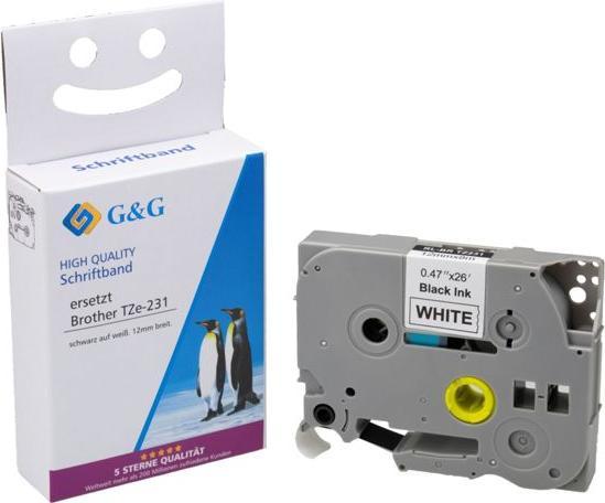 Produktbild G&G Schriftband 12mm x 8m sw-ws komp. m. Brother Tze-231 (1.20 cm, Weiss)