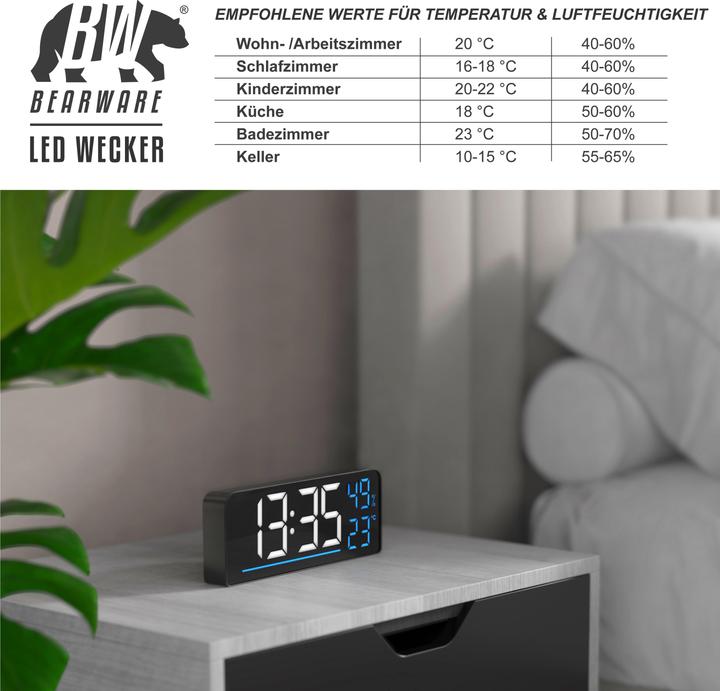Produktbild Bearware Radiowecker digital, LED mit 2 Alarmzeiten, Grosses Display, Snooze, Temperatur & Luftfeuchtigkeit