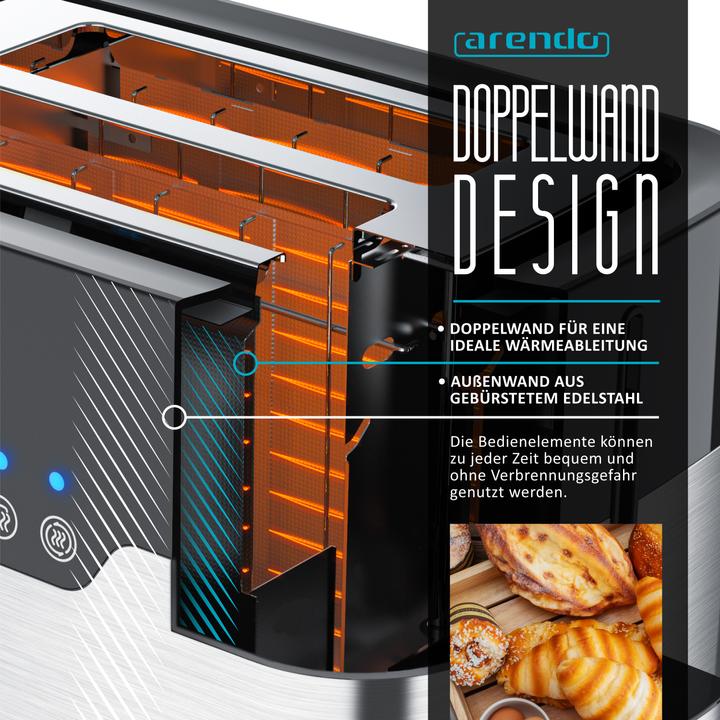 Produktbild Arendo Toaster für 2 Scheiben, breite Schlitze, 920 W, Doppelwand, Brötchenaufsatz, Krümelschublade