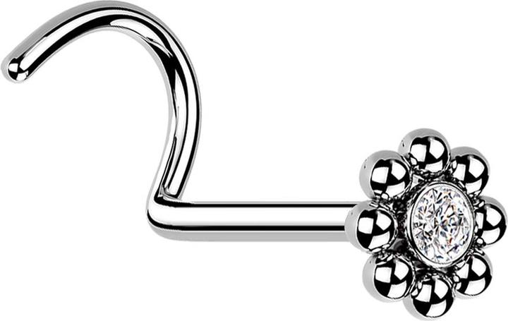 Star Piercing Nasenstecker gebogen silber Blume mit Kugeln und Kristall (ohne Messing, Chirurgenstahl 316L)