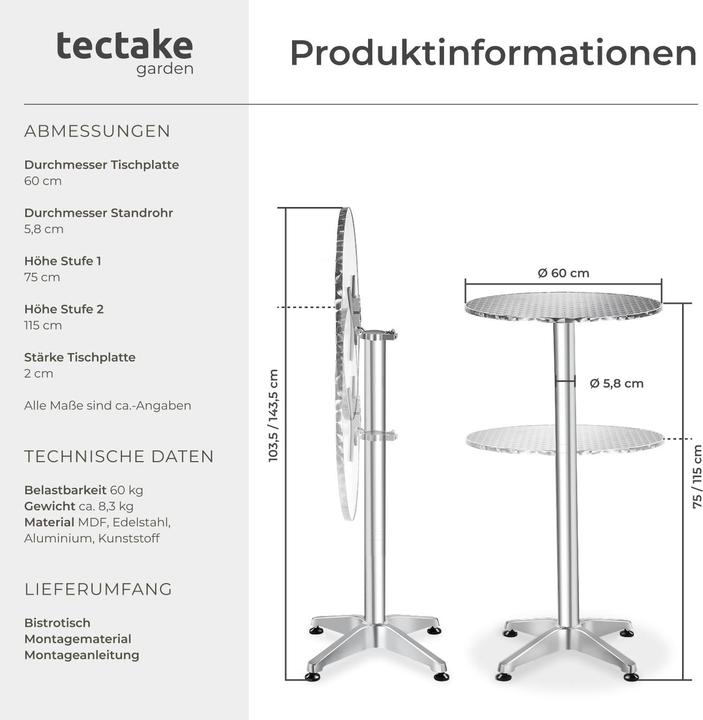 Image du produit tectake Tables de bistrot (Ø 60 x 114 cm)
