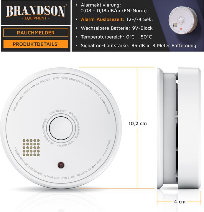 Actual product image Brandson Smoke detector, replaceable 9V block battery, Smoke Detector, LED, TÜV tested & EN14604 certified