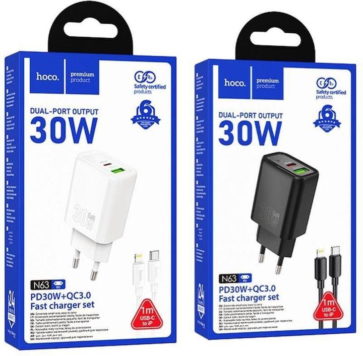 Produktbild Hoco Adapter wall charger USB A + Type C + cable Type C to Lightning PD QC3.0 3A 30W N63 white (18 W)
