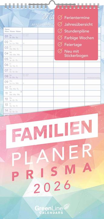 Produktbild Greenline Familienplaner Prisma - mit 5 Spalten (22 x 45 cm, Französisch, Englisch)