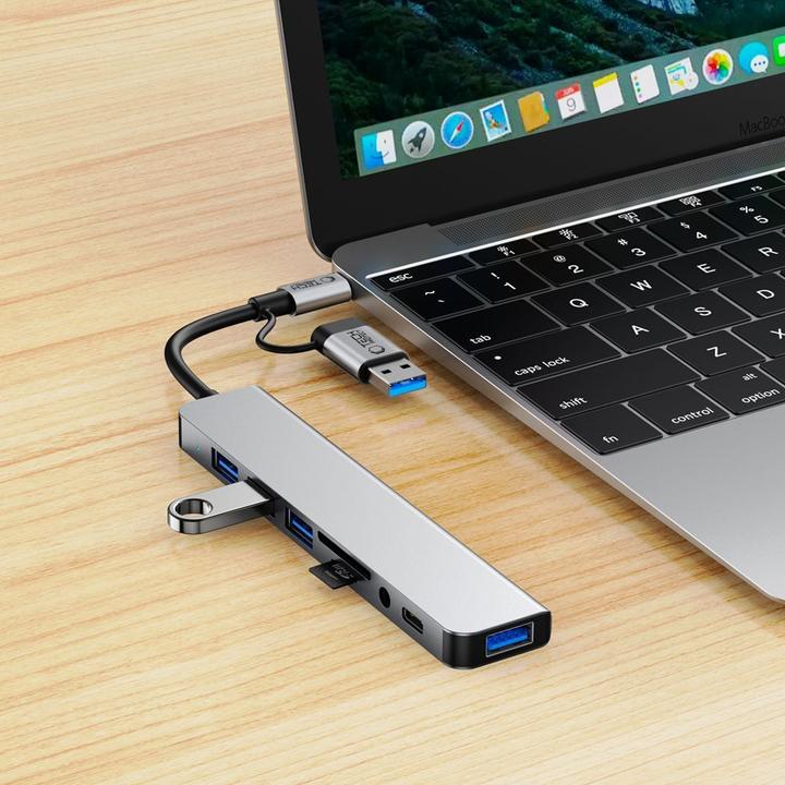 Immagine prodotto Tech-Protect HB06 HUB Adapter 8in1 TYPE-C + USB2.0 + USB3.0 + SD/TF + AV3.5 - gray (USB-C, 8 Porti)