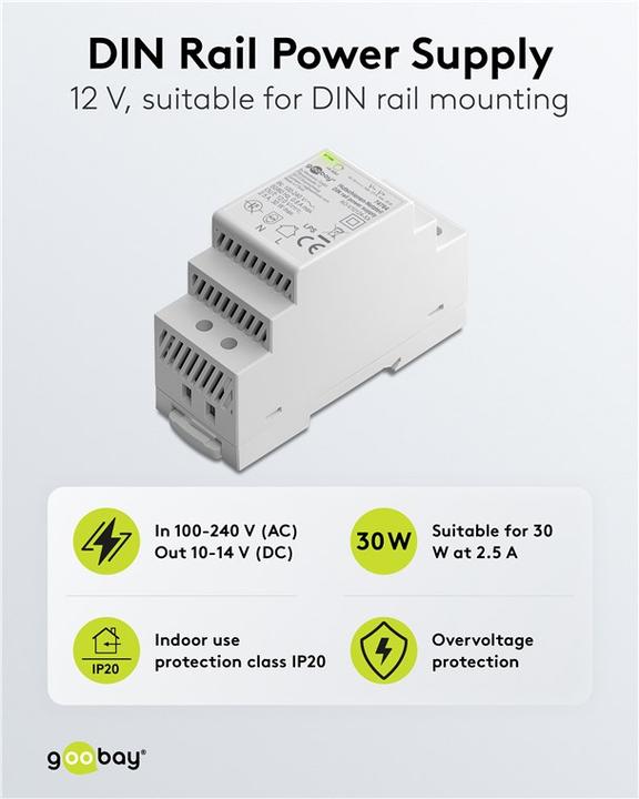 Produktbild Goobay Hutschienen-Netzteil DIN-Rail 12 V DC, 2,5 A, 30 W