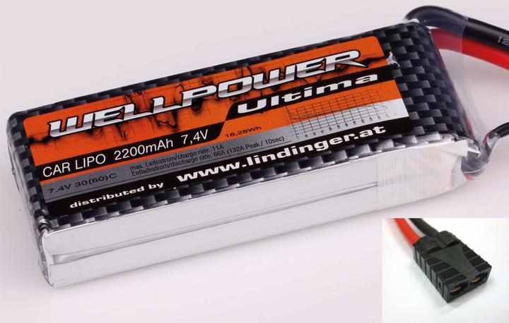 Immagine prodotto Wellpower Batteria lipo ULTIMA CAR 2200 mAh / 7,4 Volt 2S 30/60C Connettore TRX con custodia morbida (7.40 V, 2200 mAh)
