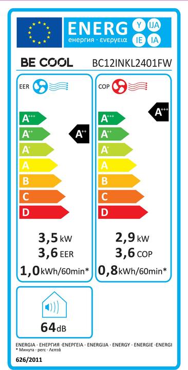 Energie-Label Be Cool BE COOL Energiesparendes Inverter-Klimagerät 12000BTU (42 m², 12000 BTU/h)