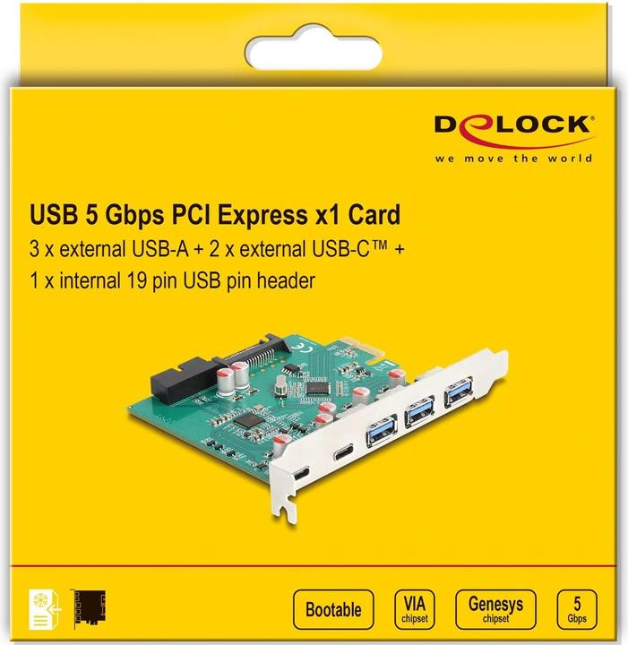 Image du produit Delock Carte USB 5 Gbps PCIe x1 vers 3x externe type-A + 2x externe USB type-C femelle et 1x interne 19 Pi