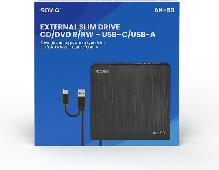 Produktbild Savio AK-59 Externer schlanker CD/DVD-Recorder R/RW - USB-C/USB-A, juodas (CD Brenner, DVD Brenner)