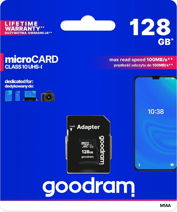 Actual product image Goodram M1AA-1280R12 - 128 GB - MicroSDXC - Class 10 - UHS-I - 100 MB/s - 10 MB/s (128 GB, microSDXC, U1, UHS-I)