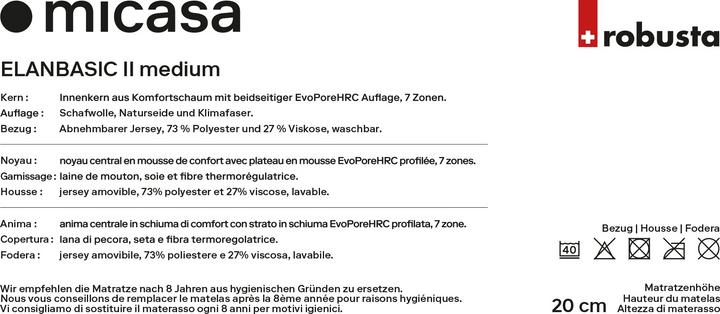 Nutritional values and ingredients Robusta Swiss Bedding Elanbasic II (90 x 200 cm, Foam core)