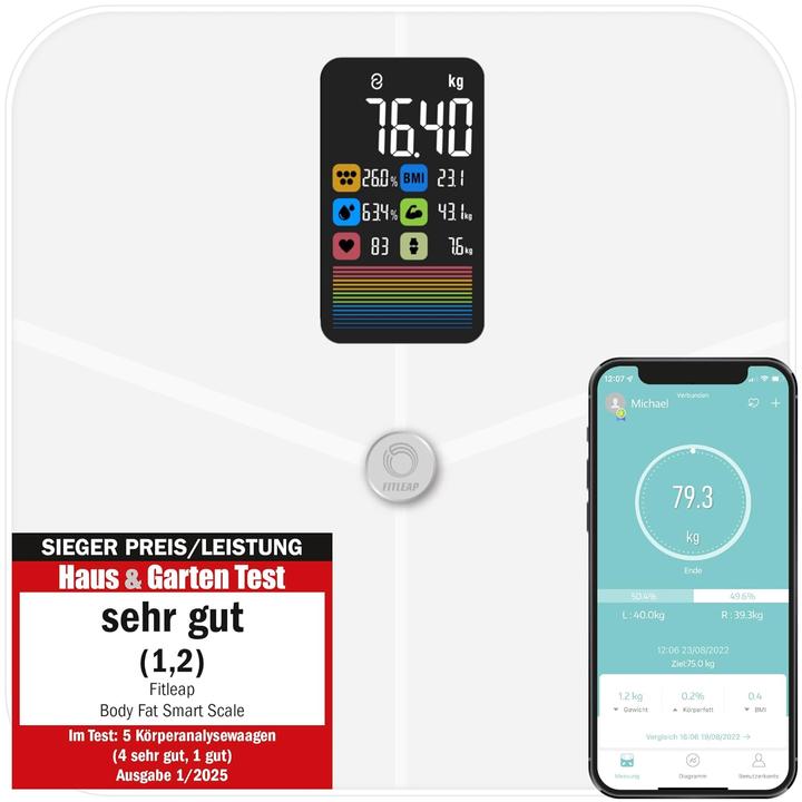 Actual product image Fitleap Waage mit Körperfett- & Muskelanalyse, Digitale Personenwaage (180 kg)