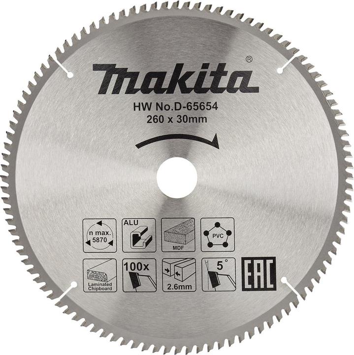 Produktbild Makita Afkortzaagblad voor Multimaterial | Standaard | Ã˜ 260mm Asgat 30mm 100T - D-65654 (D-65654)