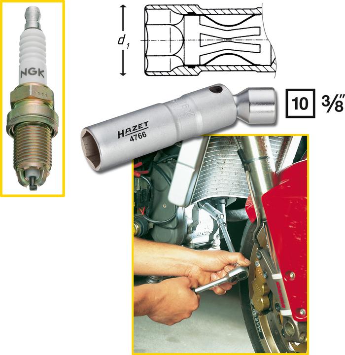 Produktbild HAZET Zündkerzen-Schlüssel 4766 - Vierkant hohl 10 mm (3/8 Zoll) - Aussen-Sechskant Pr