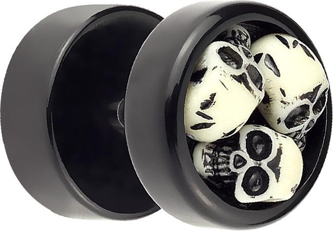 Star Piercing Fake Plug schwarz mit 3 Totenschädel (Acryl, ohne Messing)