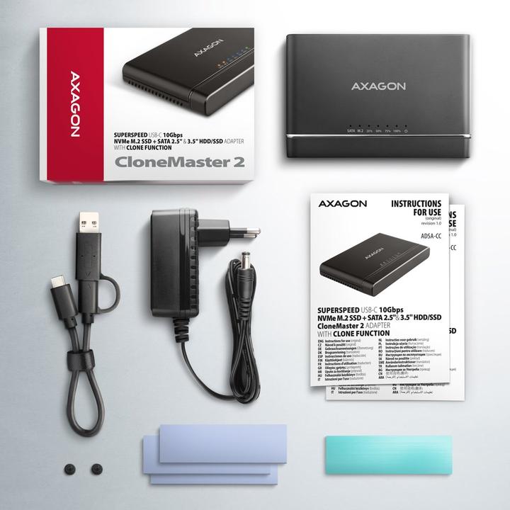 Actual product image Axagon ADSA-CC USB-C - NVMe M.2 SSD & SATA 2.5"/3.5" SSD/HDD CLONE MASTER (M.2 2280, M.2 2260)