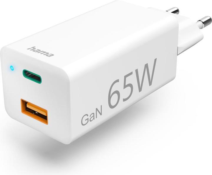 Produktbild Hama Schnellladegerät, GaN, 1x USB-C PD, 1x USB-A QC, Mini-Ladegerät, 65 W, Weiss (65 W)