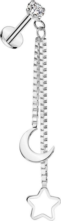 Star Piercing Micro Labret Innengewinde silber Kristall silber gefasst Anhänger Kette Mond und Stern (Chirurgenstahl 316L)