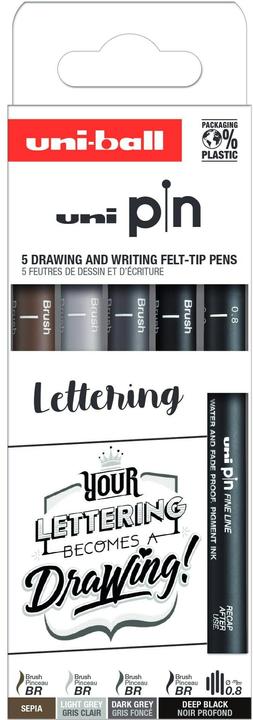 Produktbild Uni-ball Fineliner Uni Pin Lettering/Età5 (Sepia, Dunkelgrau, Hellgrau, Schwarz, 5 x)