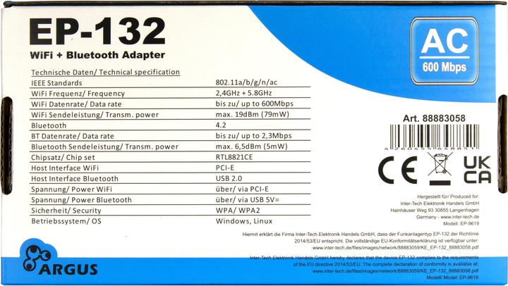 Nutritional values and ingredients Intertech Wi-Fi 5 PCIe Adapter EP-132 Antenna,Bluetooth 4.2 (PCIe)