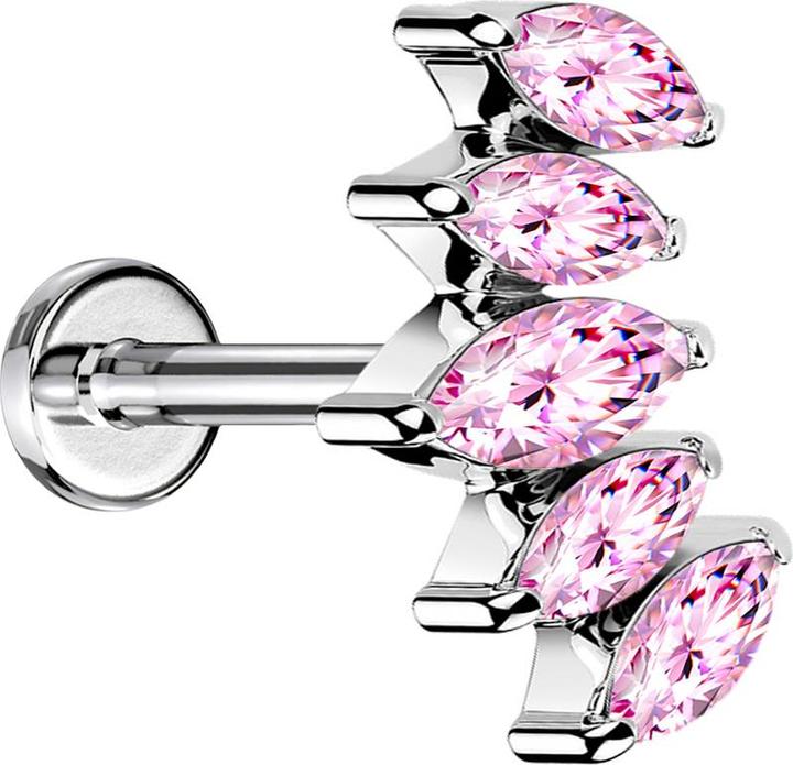 Star Piercing Micro Labret Innengewinde silber Fächer mit fünf Kristalle pink (ohne Messing, Chirurgenstahl 316L)