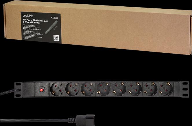 Produktbild LogiLink 19" Steckdosenleiste 8-fach, mit Kaltgerätestecker u. Überlastschutz (8 x, CEE 7/3, 3 m)