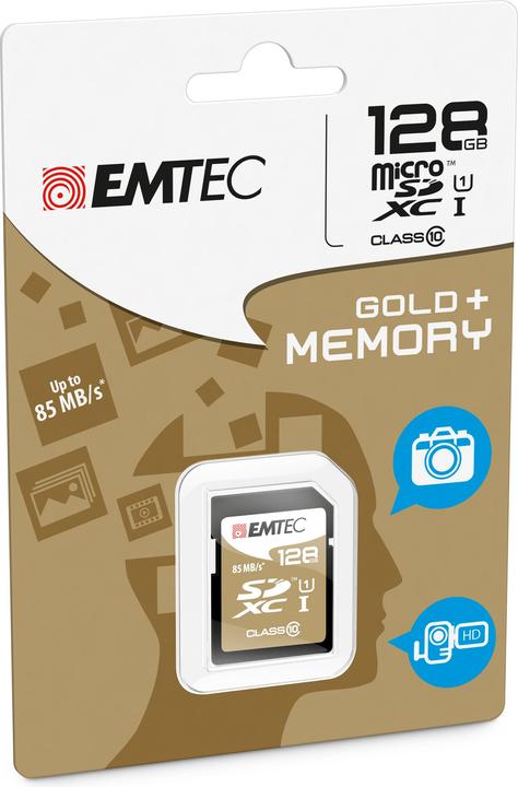 Produktbild Emtec SDXC 128GB Class10 Gold + (128 GB, SDXC, U1, UHS-I)