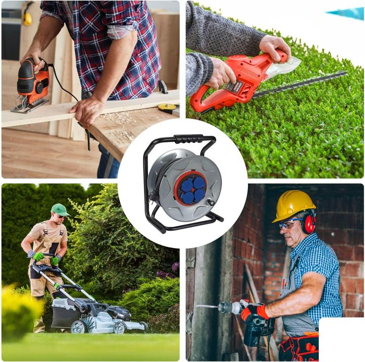Actual product image Velleman PROFESSIONAL NEOPRENE CABLE REEL WITH ANTI-TWIST SYSTEM - 40 m - 3G2.5 - 4 SOCKETS - FRENCH SOCKET (40 m, 3 mm²)
