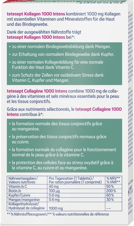 Nutritional values and ingredients Tetesept Collagen 1000 Intens (30 Piece, Pills, 51 g)