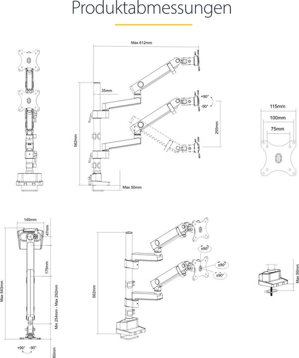 Productafbeelding StarTech com ARMDUALPIVOT, klem, 16 kg, 81,3 cm (32 inch), 100 x 100 mm, hoogteverstelling, Zwart (Tabel, 32")