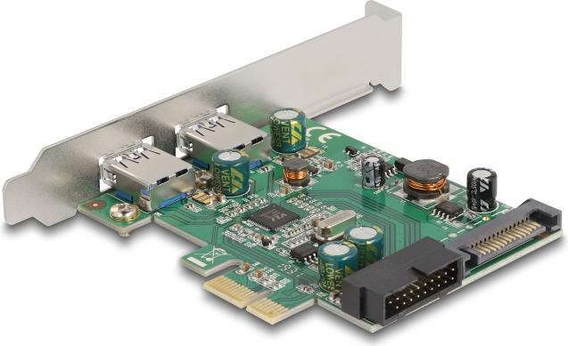 Actual product image Delock PCI Express x1 card to 2 x external USB 3.2 Gen 1 Type-A + 1 x internal 19 pin USB male connector