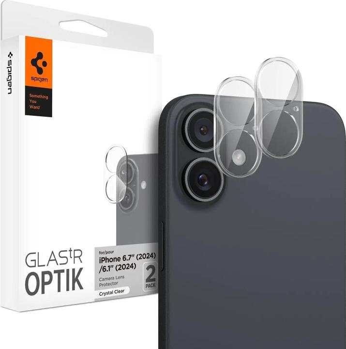 Actual product image Spigen Optik Glas.tR tempered glass for iPhone 16 / 16 Plus camera - transparent (2 pcs.) (2 Piece, Apple iPhone 16, Apple iPhone 16 Plus)