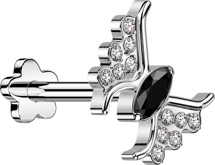 Star Piercing Micro Threadless Labret Blume silber Schmetterling silber Kristall schwarz (Titan G23, ohne Messing)