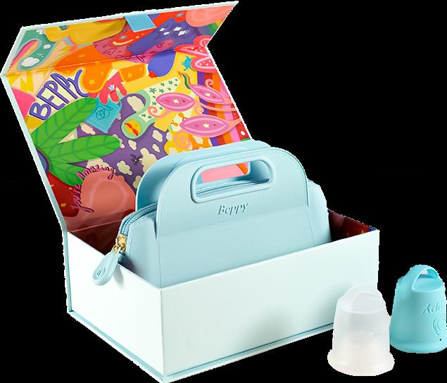 Beppy Cups «OCEAN» Türkis/Transparent, Box mit zwei Menstruationstassen und Aufbewahrungstasche