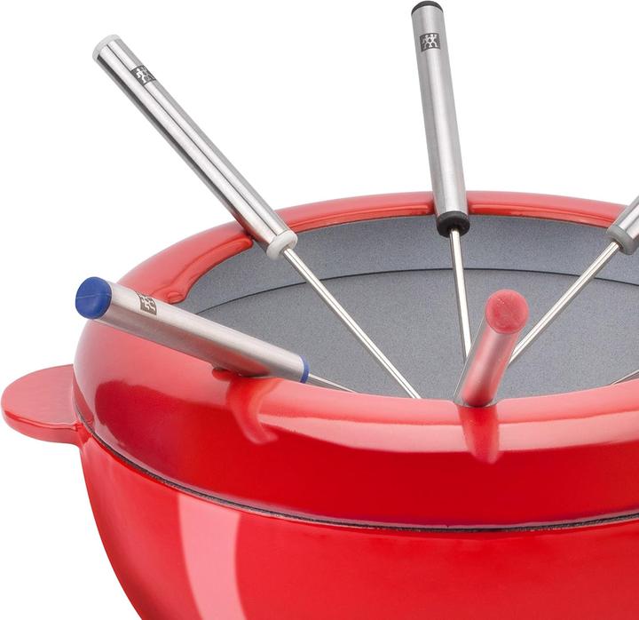 Productafbeelding Zwilling Gietijzeren fondueset 20 cm rood met 6 roestvrijstalen vorken (Kaasfondue, Chocoladefondue)
