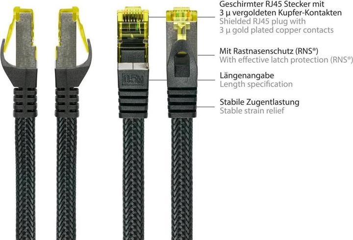 Image du produit Kabelmeister Câble patch RJ45 avec câble brut Cat. 7, et tresse en nylon, S/FTP, PiMF, sans halogène, sch (S/FTP, CAT7, 30 m)