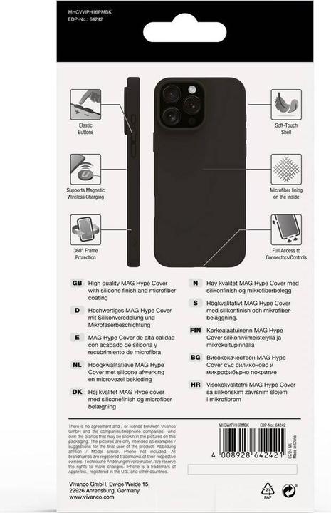 Immagine prodotto Vivanco MAG HYPE Cover per iPhone 16 Pro Max, nero, supporto MagSafe (Apple iPhone 16 Pro Max)