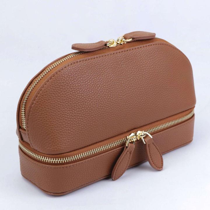 Produktbild Only-Bags.Store Grosse Kapazität Double Layer Makeup Tasche, Schmuck-Box solide Farbe PU-Leder modische Shell-Typ