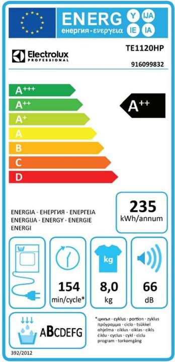 Energy Label Electrolux Commercial WASHER DRYER HEAT P. COMMERCIAL (TE1120HP ED) (8 kg, Left)