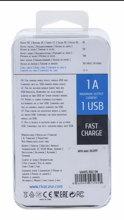 Image du produit Rivacase VA 4115 BD2 Chargeur mural USB 1.0A (5 W)