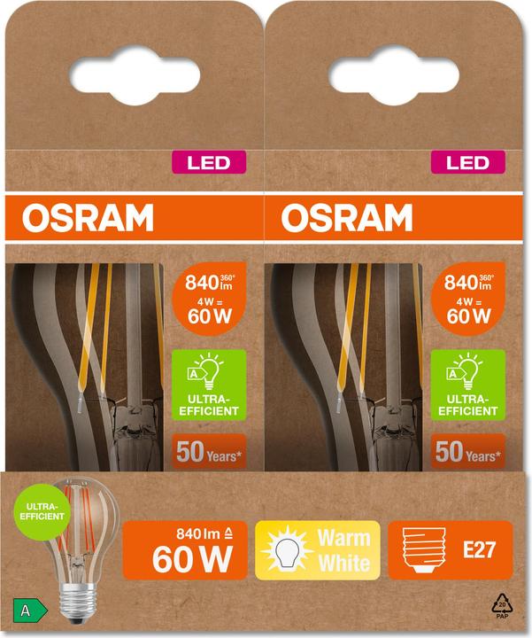 Image du produit Osram AMPOULES LED CLASSE ÉNERGIE A CLASSIC A 60 CL 4 W/3000 K E27 FIL (E27, 4 W, 806 lm, 1 x, A)