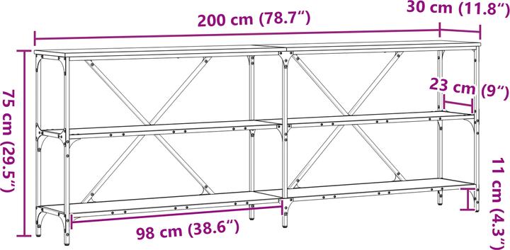 Produktbild VidaXL Konsolentisch Schwarz Eiche 200x30x75 cm aus Spanplatte und Stahl (200 x 30 x 75 cm)