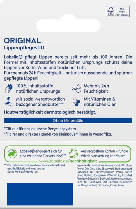 Valori nutrizionali e ingredienti Labello Originale (Cura matita, 4.80 ml)