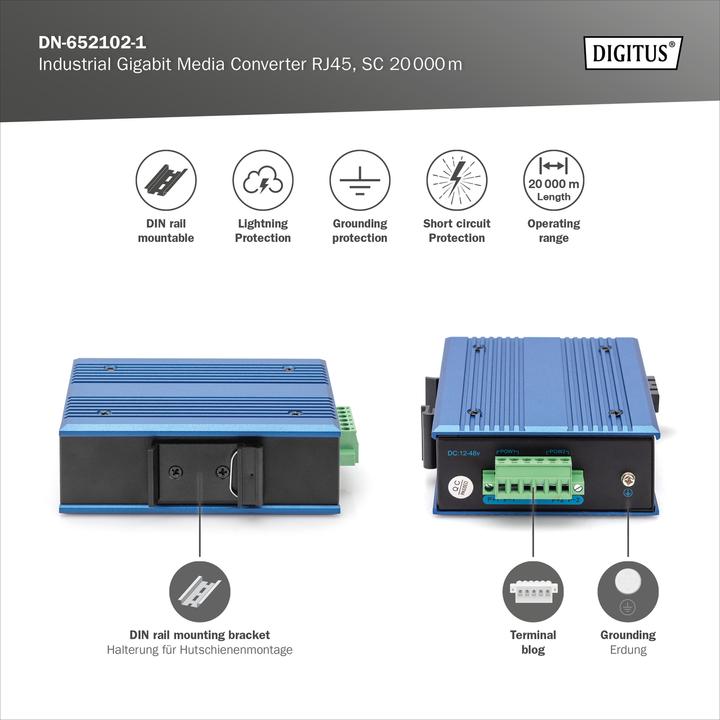 Produktbild Digitus Industrieller Gigabit Medienkonverter RJ45, SC 20 km