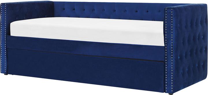 Actual product image Beliani Daybed extendable velvet fabric navy blue slatted frame 90 x 200 cm GASSIN (90 x 200 cm)