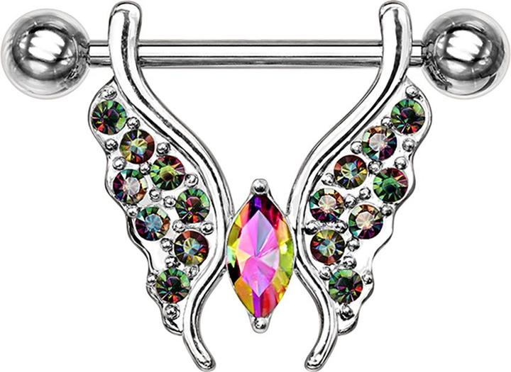 Produktbild Star Piercing Barbell silber Schmetterling mit Kristallen dunkel multicolor (Messing, Chirurgenstahl 316L)