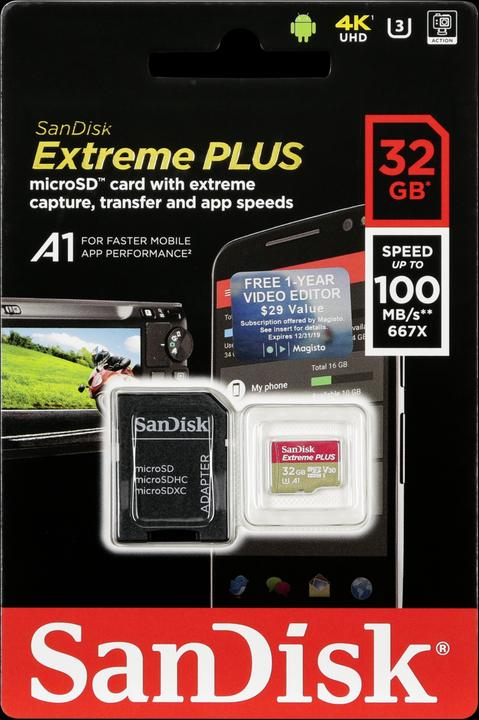 Produktbild SanDisk microSDHC 100MB A1 32GB Extreme Plus (32 GB, microSDHC, U3, UHS-I)